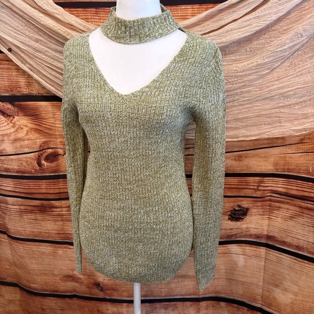 V Neck Womens Loose Knit Long Sleeve Cozy Boho Grren/White Sweater‎ Size S